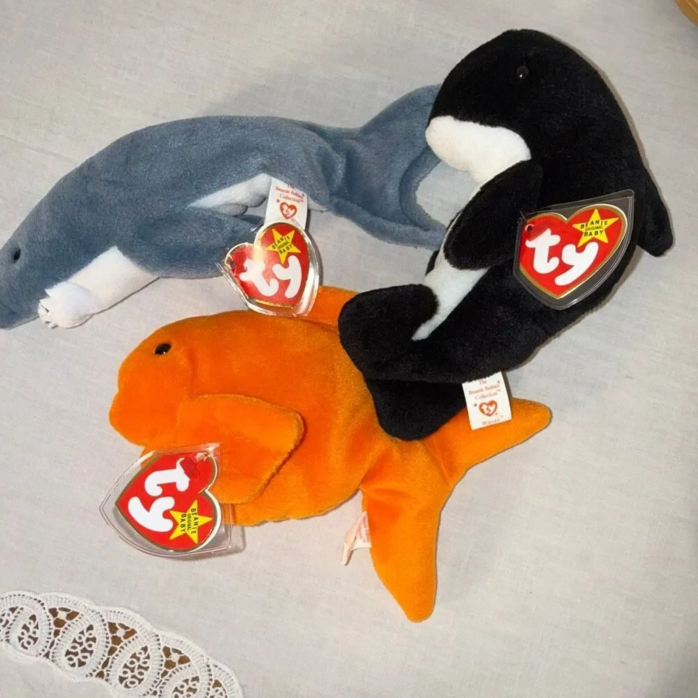 Vintage Ty Beanie Babies Aquatic Trio – Goldie 1993, Crunch 1996 &‎ Waves 1996 –